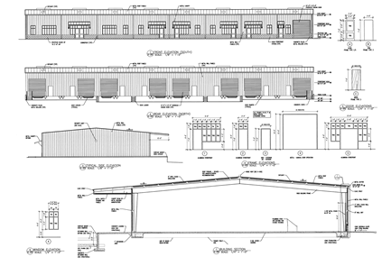 Building section and elevations for Fastenal build-to-suit warehouse/showroom building for rent